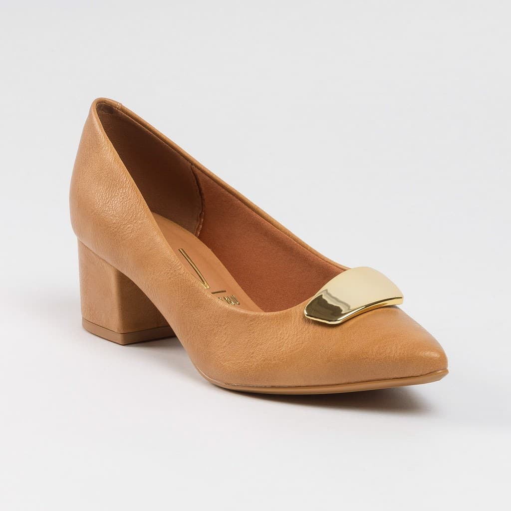 Sapato Scarpin Feminino Vizzano Salto Bloco Bico Fino Areia Dourado Original Confortável Casual