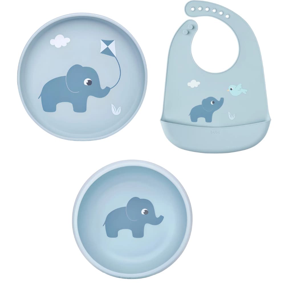 KIT C/ BABADOR EM SILICONE, PRATINHO E BOWL CLOUDY AZUL - BUBA
