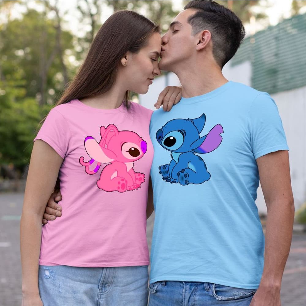 Camiseta Casal Stitchi e Angel Blusa Unissex Namorados