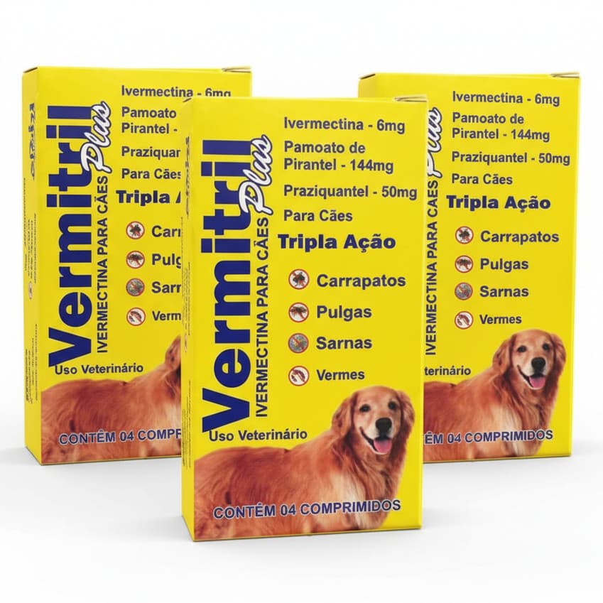 Vermitril Remédio Anti Carrapatos, Vermes, Pulgas E Sarnas - 12 Comp Mastigáveis p/ 30kg Cada