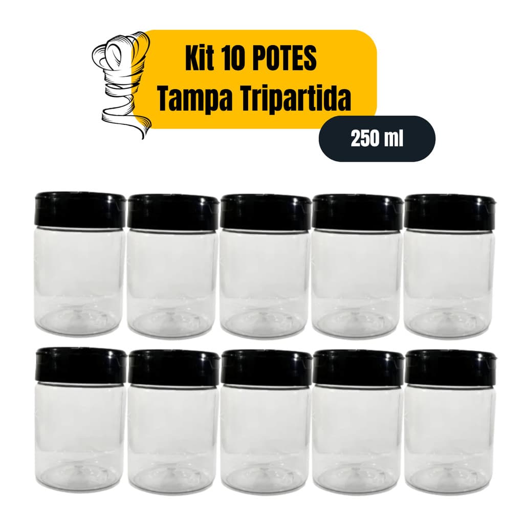 Kit 10 Potes Para Temperos Redondo Tripartido - 250ml PET
