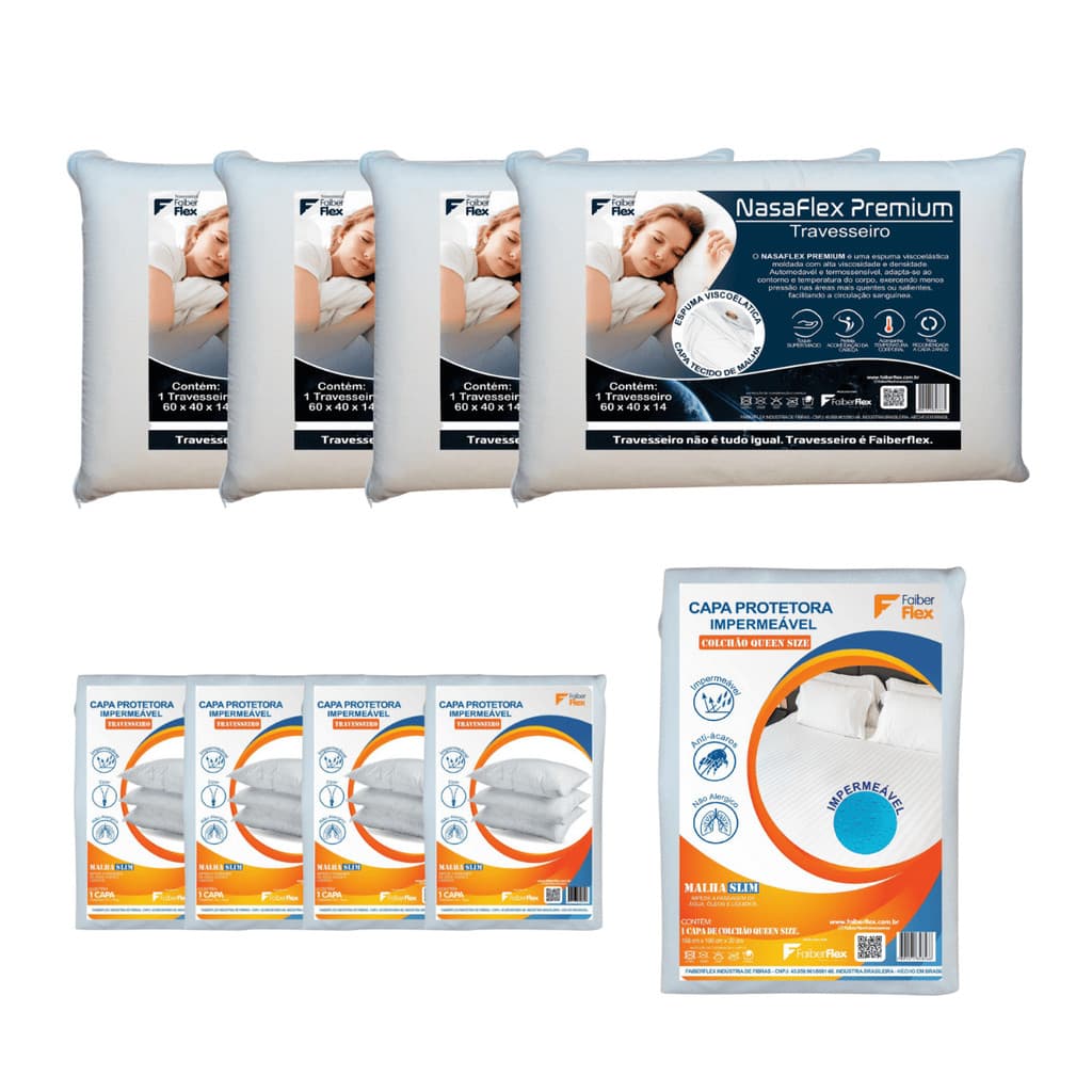 Kit Cama Queen 9 Peças – 4 Travesseiros Nasa Premium + Protetores Impermeáveis