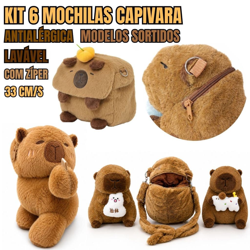 Kit 6 Mochilas Capivara Infantil Pelúcia 30cm Modelos Sortidos