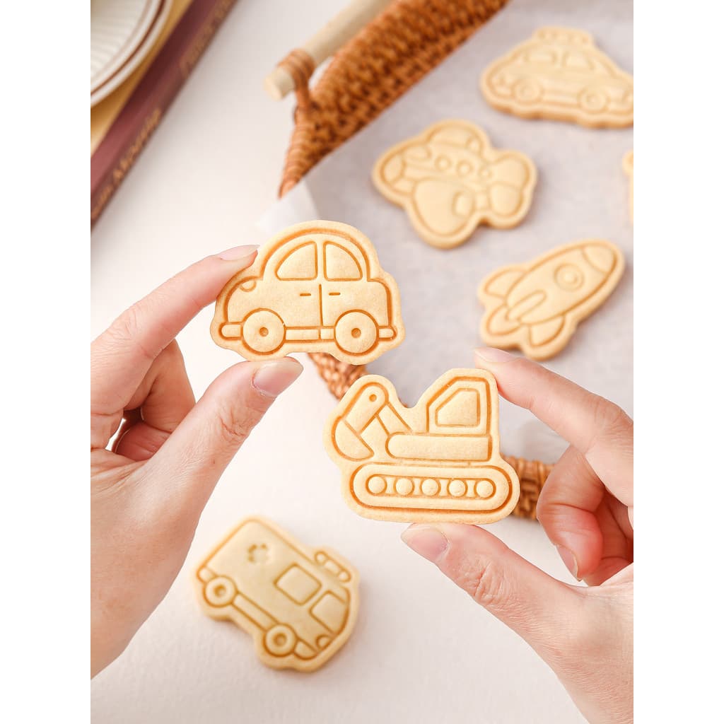 Molde de biscoito de carro de desenho animado, forma de escavadeira de transporte de avião, prensa 3d tridimensional, mo