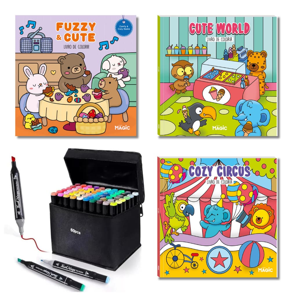 Kit 3 Livros De Colorir Comfy e Cozy Tik Tok 72 Desenhos Com Canetinhas Touch 60 cores