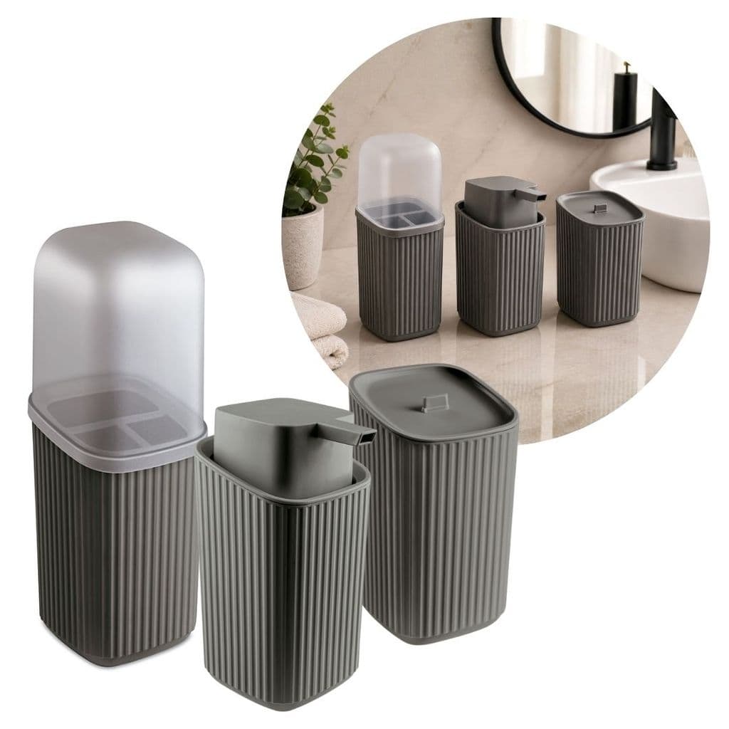 Kit Organizador para Banheiro Porta Sabonete, Porta Escovas e Porta Algodão Canelado Cinza Grafite