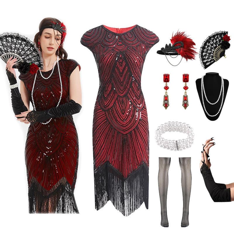 Vestidos dos Anos 20 para Mulheres, Vestido Flapper, Renda, Pena, Leque, Bandana, Lantejoulas, Contas, Franjas, Acessóri