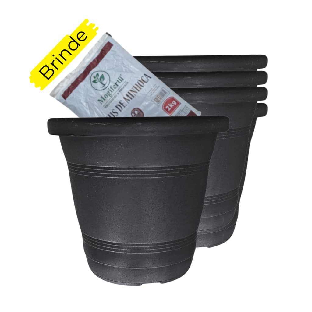 5 Vasos Redondo Plástico Grande 17L. Ideal para Plantas Médio e Grande Porte + 2L de Humus de Minhoca