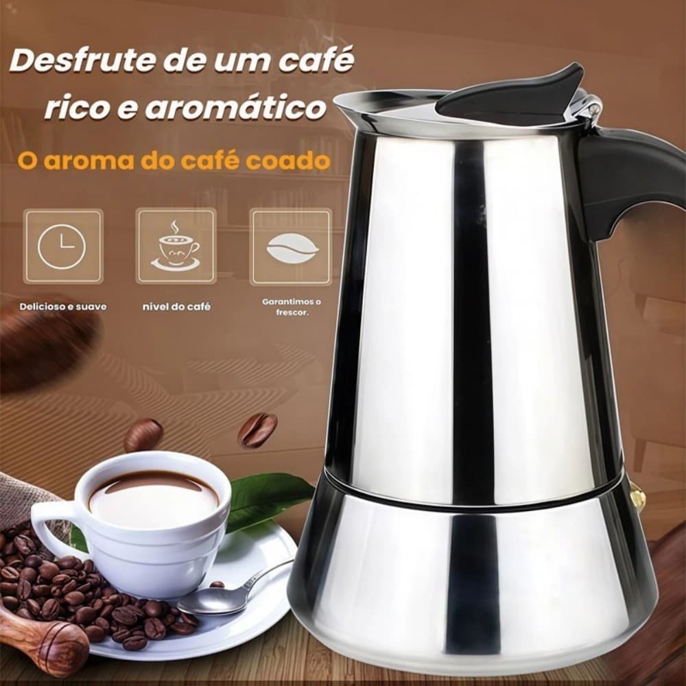 Cafeteira Moka Italiana em Aço Inox 4/6/9 Xícaras Volumes 200ml, 300ml e 450ml