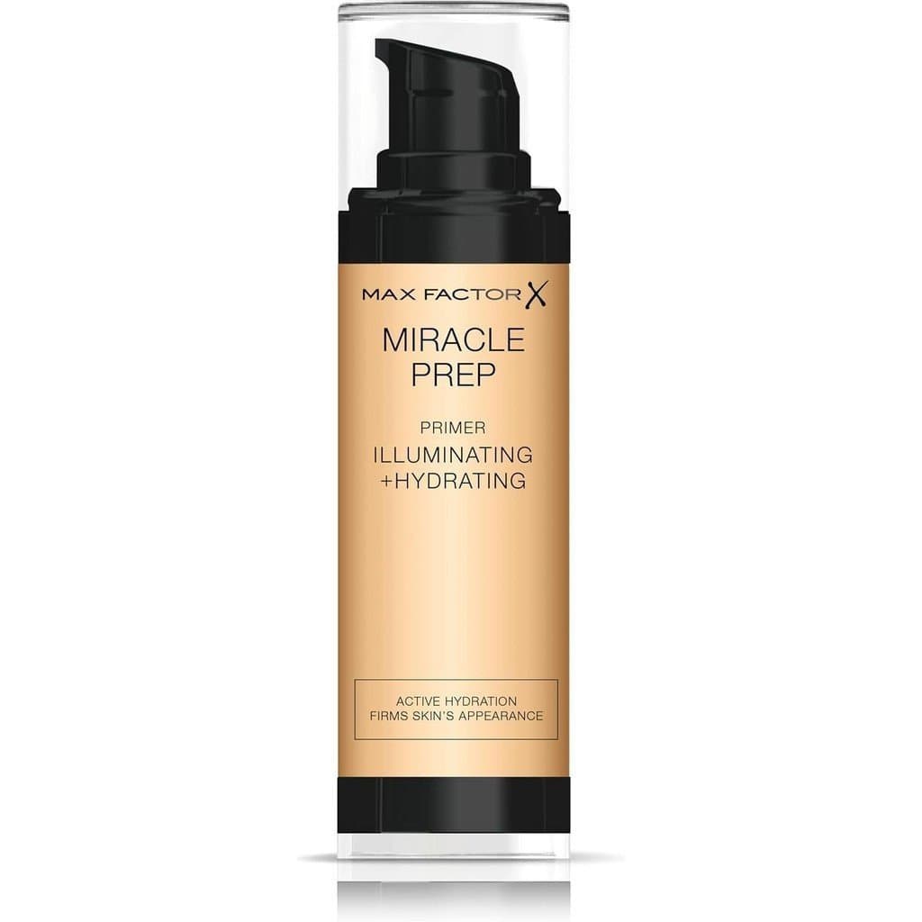 Loção de Maquiagem Base Hidratante e Iluminadora Miracle Pre-Prep da Max Factor, fórmula nutritiva contém niacinamida e