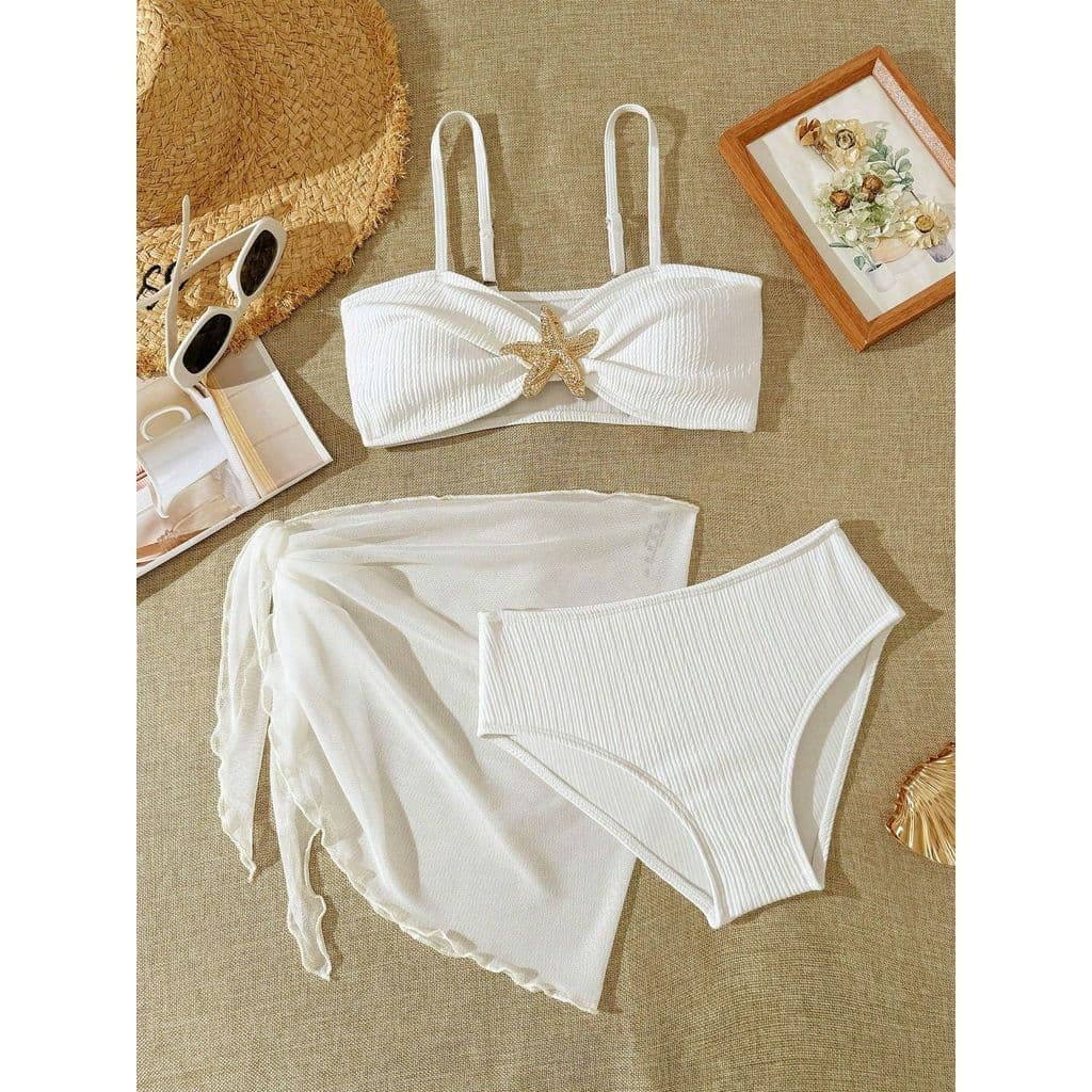 Conjunto De Biquíni Branco De Cintura Alta Para Meninas , 3 Pacotes , Maiô Infantil E Saias De Praia , 8-12 Anos , Estre