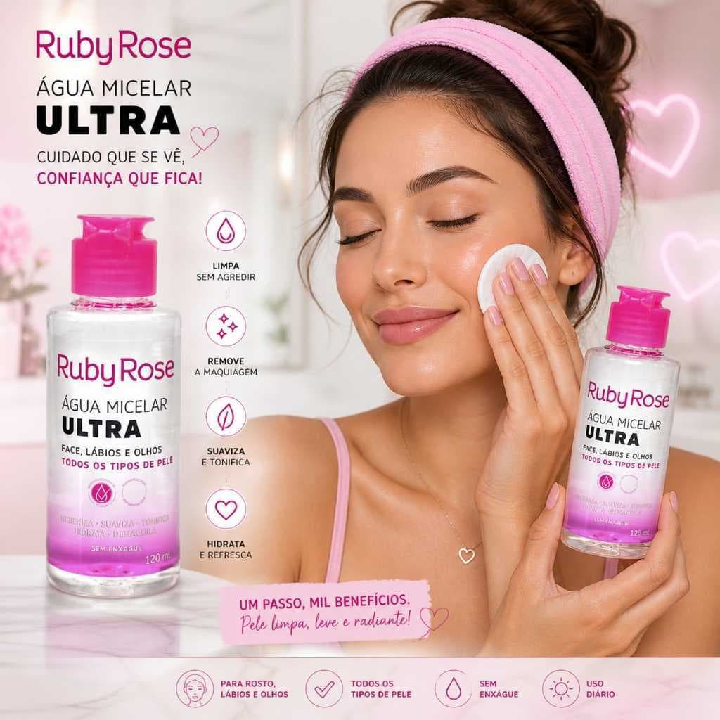 ÁGUA MICELAR ULTRA LIMPEZA FACIAL RUBY ROSE 120ML