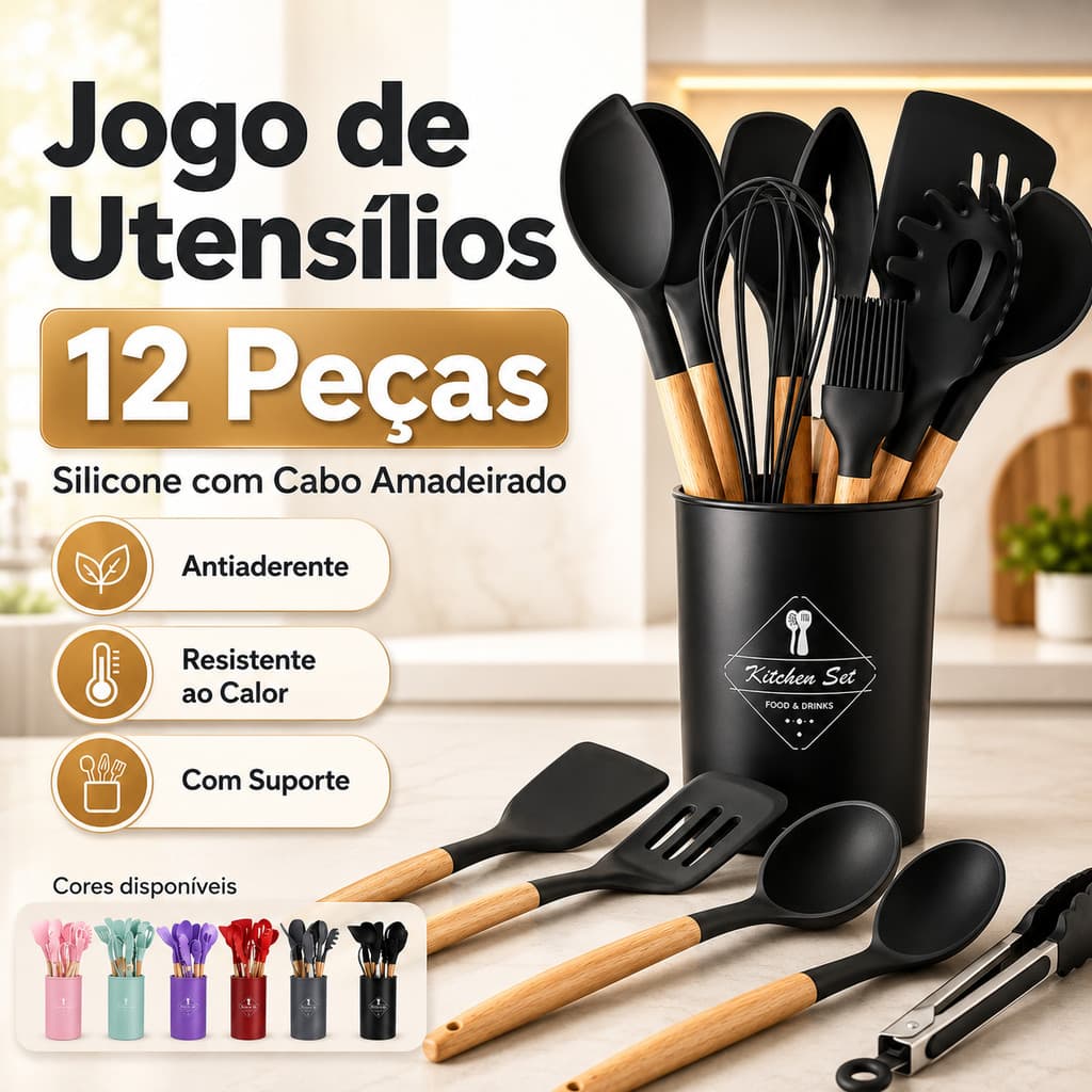 Kit Jogo 12 Peças Utensílios de Silicone Cabo Madeira Antiaderente Suporte Cozinha Resistente Calor