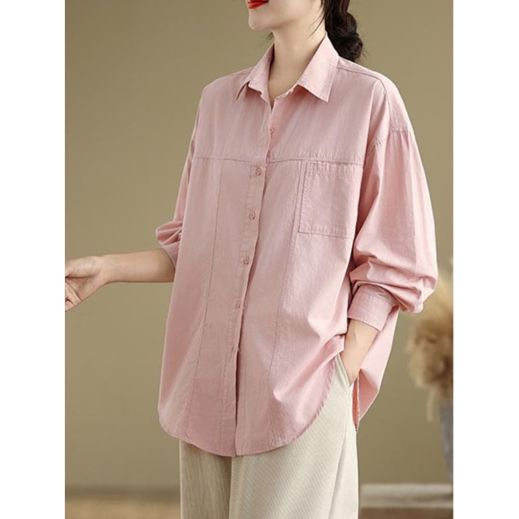 Versão coreana chique rosa puro algodão camisa feminina de manga comprida High-End Casual All-Match camisa Cardigan jaqu