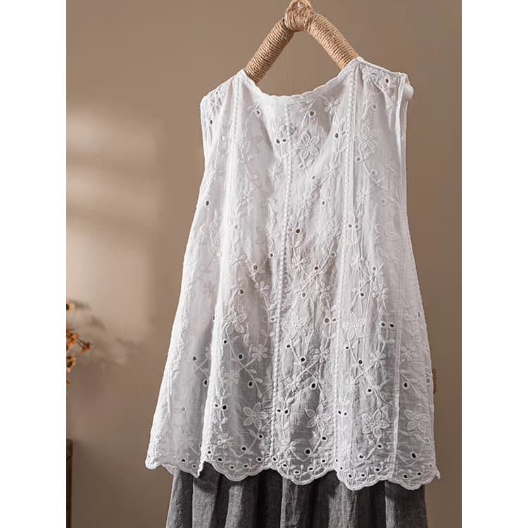 Verão puro algodão em torno do pescoço bordado branco camisola feminina literária exterior Wear capa carne estilo fino s