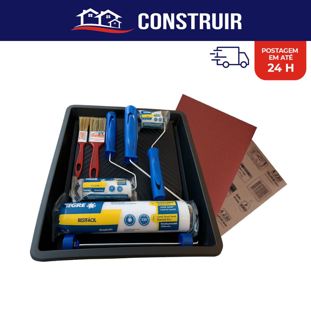 Kit Pintura Rolo Lã Tinta Base Epóxi + Lixa E Pincel c/ 10 Peças Ideal Para Profissionais