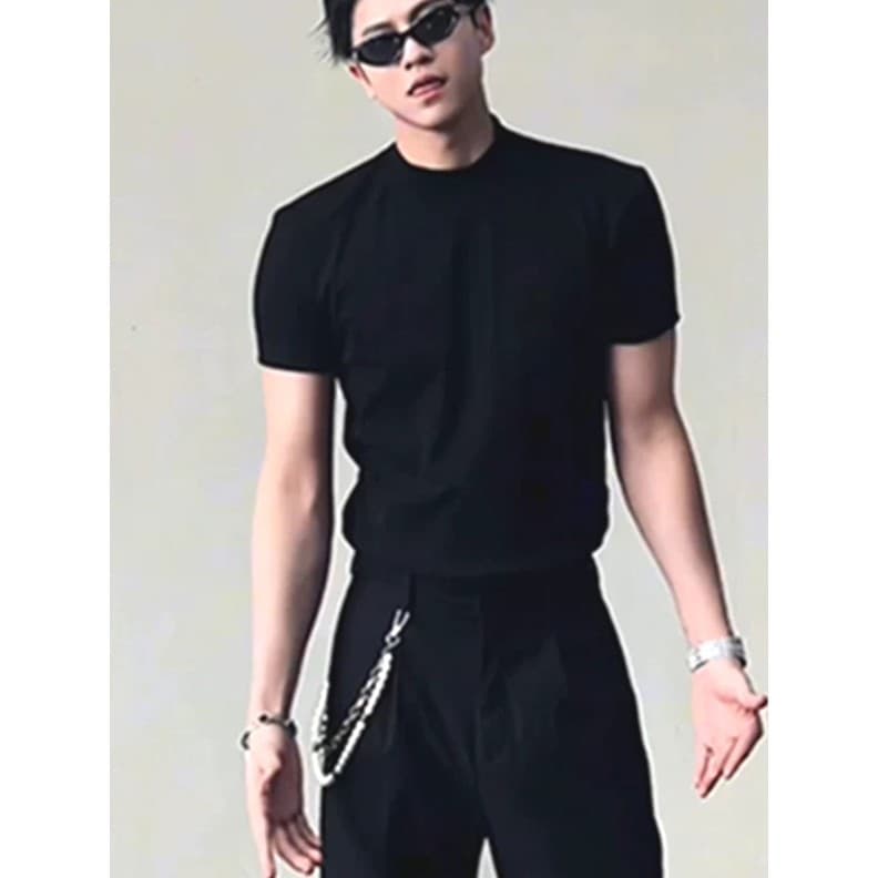 Wang Jiaer Camiseta masculina de punho estreito do mesmo estilo, legal, fina, seda gelada, justa, elástica, três pontos,