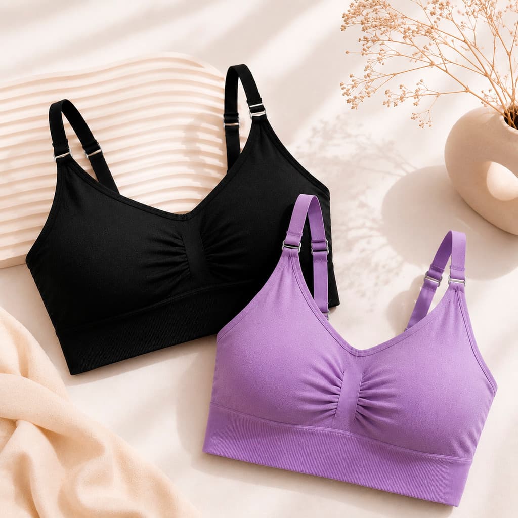 Kit com 2 Tops Sutiã Feminino Sem Costura Alça Fina Canelado com Bojo Removível