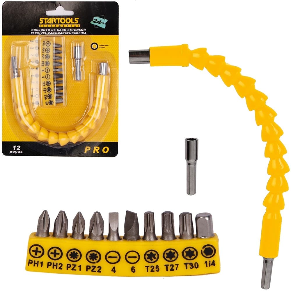 Extensão Eixo Prolongador 1/4 Braço Flexivel 25cm Cabo Extensor Adaptador Parafusadeira com 12 Peças