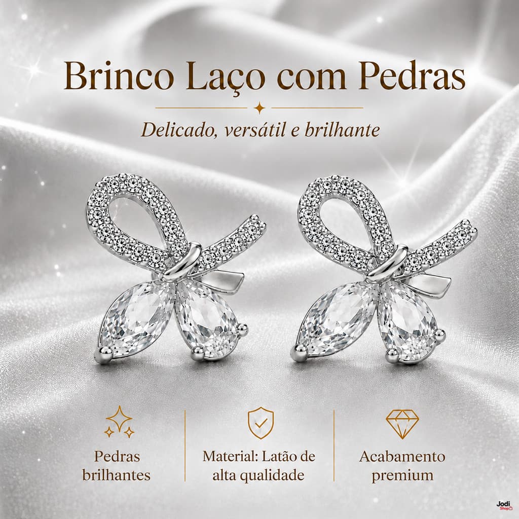 Brinco Laço Feminino com Pedras Brilhantes e Fecho Tarraxa