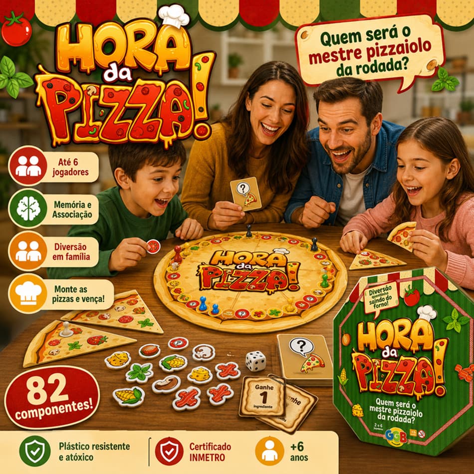 Jogo Hora da Pizza Infantil Tabuleiro Pizzaria Montar Pizza Estratégia Memória 6 Jogadores +6