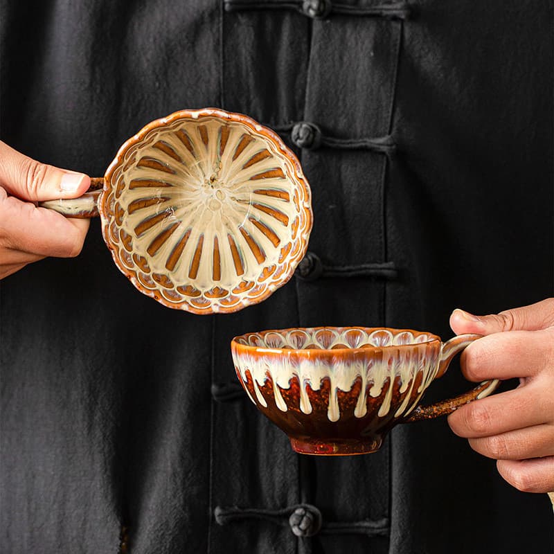 Caneca de cerâmica para café com esmalte de forno, caneca de chá com alça em estilo boêmio, caneca pavão para latte art