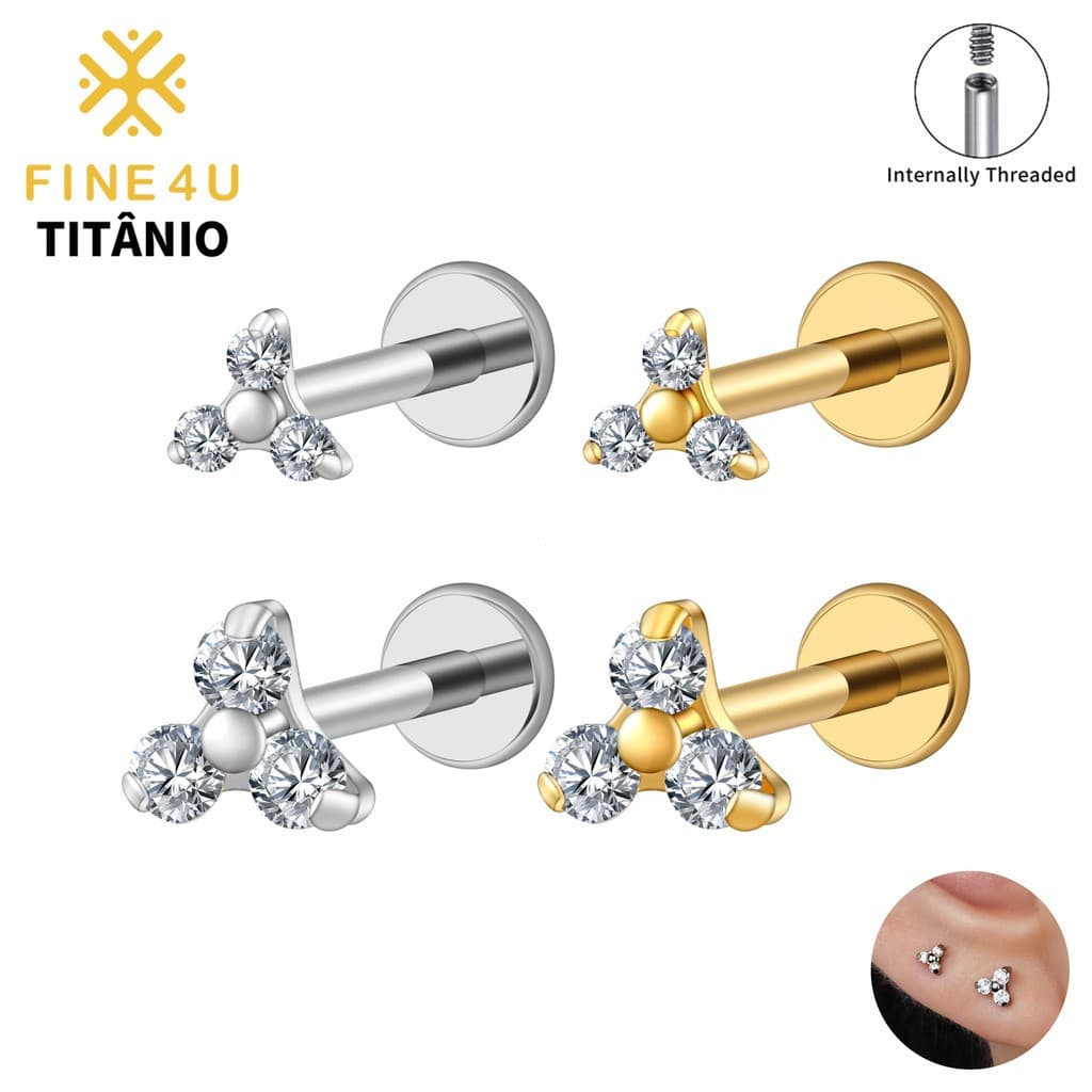 Joia de piercing em liga de titânio FINE4U, com três pedras de zircônia, adequada para cartilagem da orelha e lóbulo da