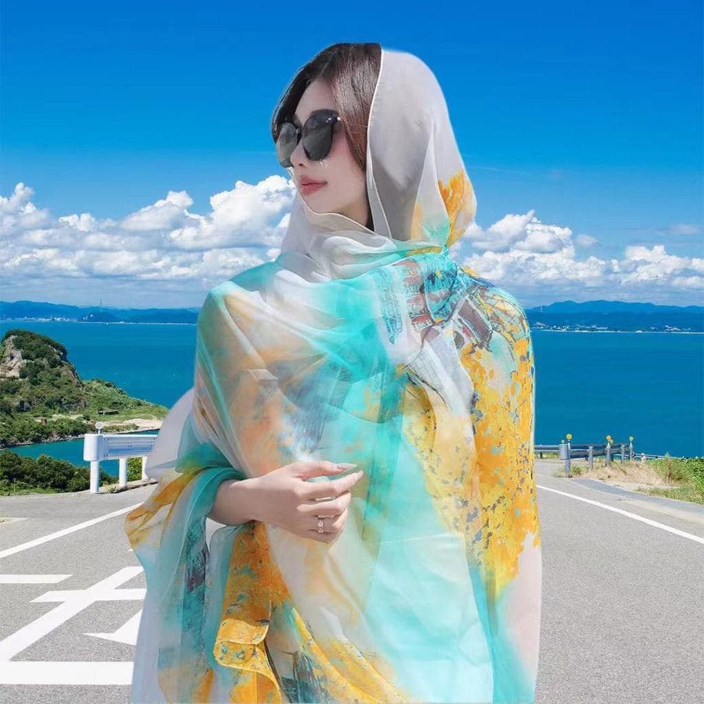 2026 protetor solar xale feminino beira-mar viagem foto estilo étnico lenço de seda 2024 novo estilo influenciador verão