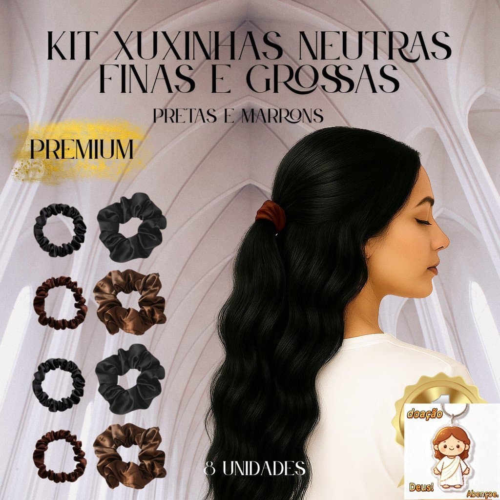 ✨ Kit com 8 Xuxinhas Scrunchies de Cetim – Pretas e Marrons | Finas & Grossas | Antifrizz e Estilosas ✨