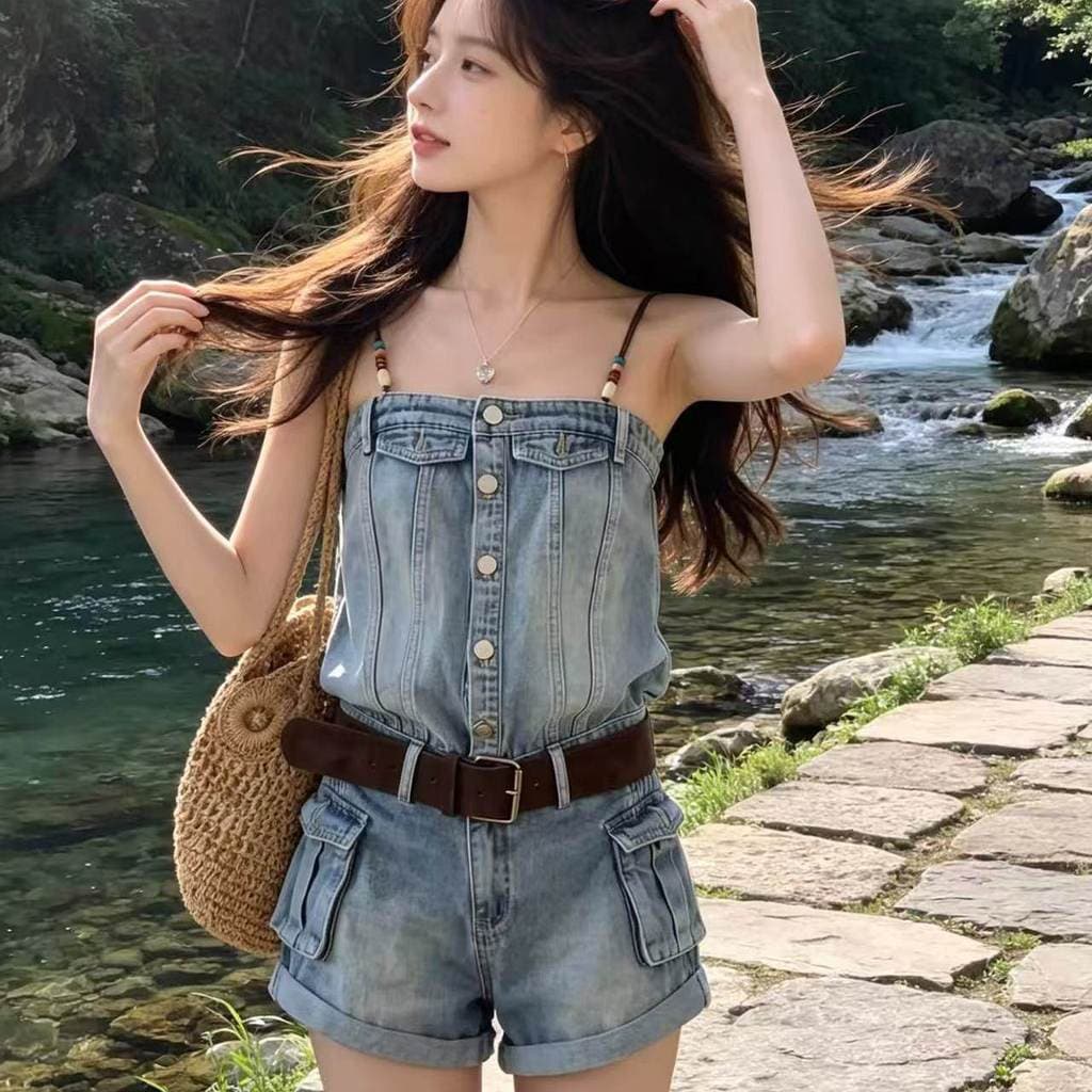 Americano Retro suspensórios Denim macacão calças curtas feminino pequeno verão cintura alta mais magro olhar uma perna