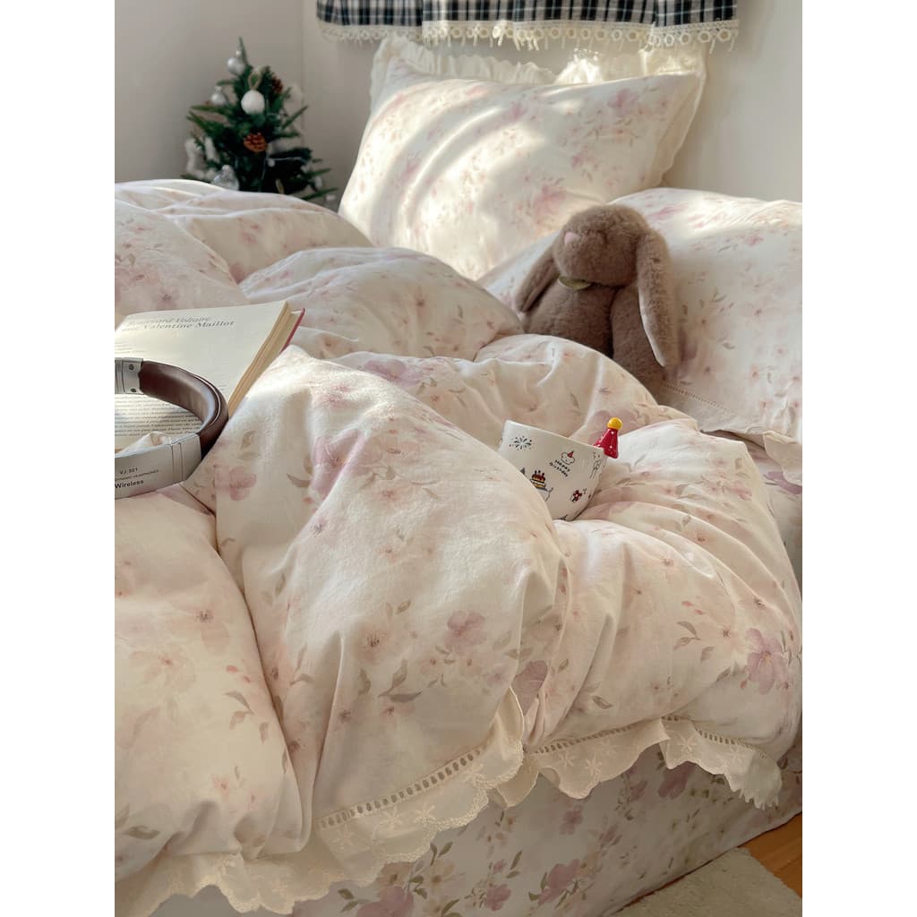 2026 novo estilo oco renda estilo Floral conjunto de quatro peças pele-amigável algodão lavado pequeno fresco impresso c