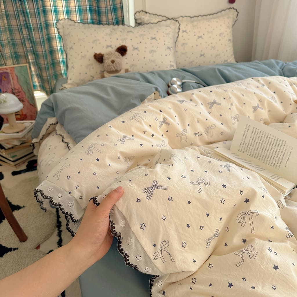 Renda verão cama de algodão lavado conjunto de quatro peças puro algodão lençol colcha capa novo estilo dormitório estud