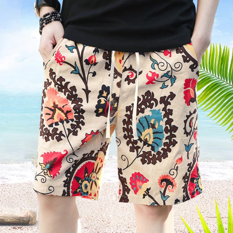 Verão fino flor Shorts soltos calças de praia masculino Street Wear secagem rápida calças grandes cinco pontos calças ca