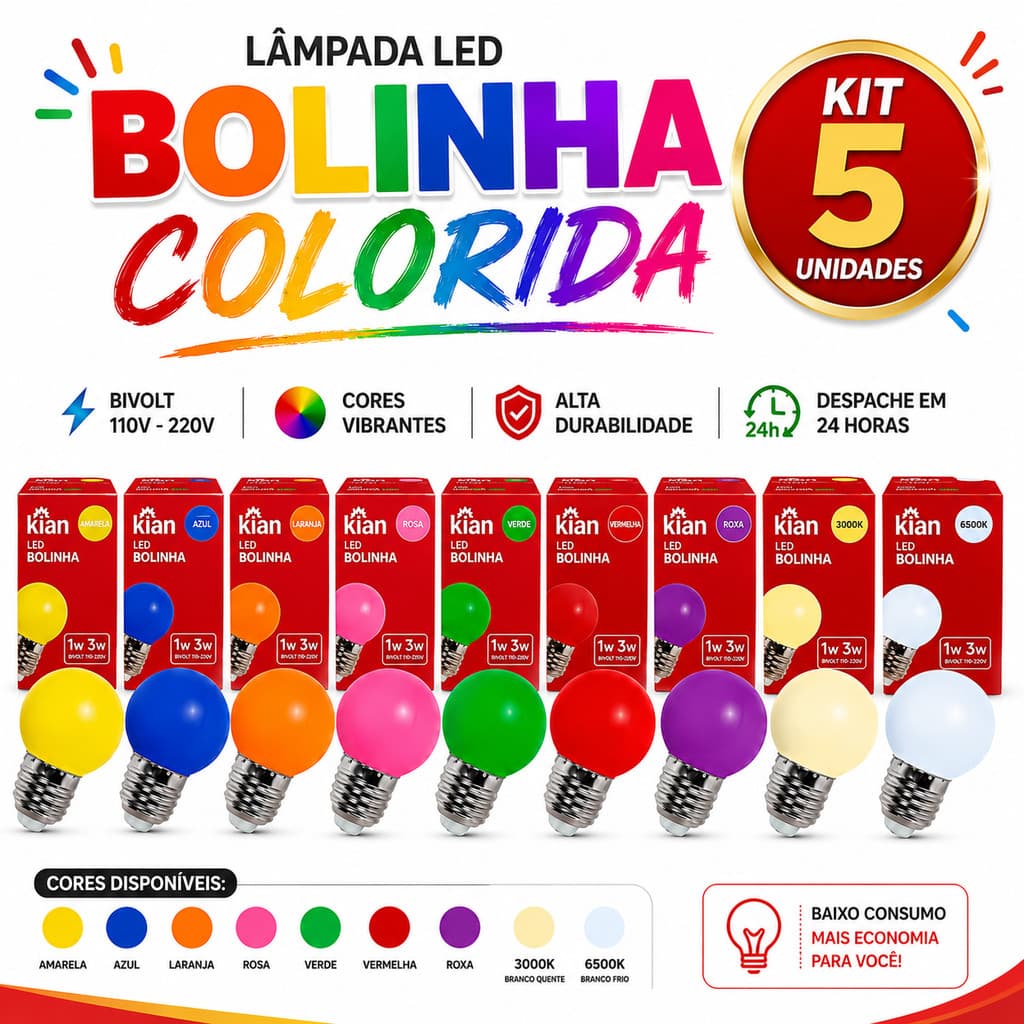 5 Lâmpadas Bolinha G45 1w/3w Led Mini Bulbo Colorida Decoração Abajur Varal Cordão Bivolt