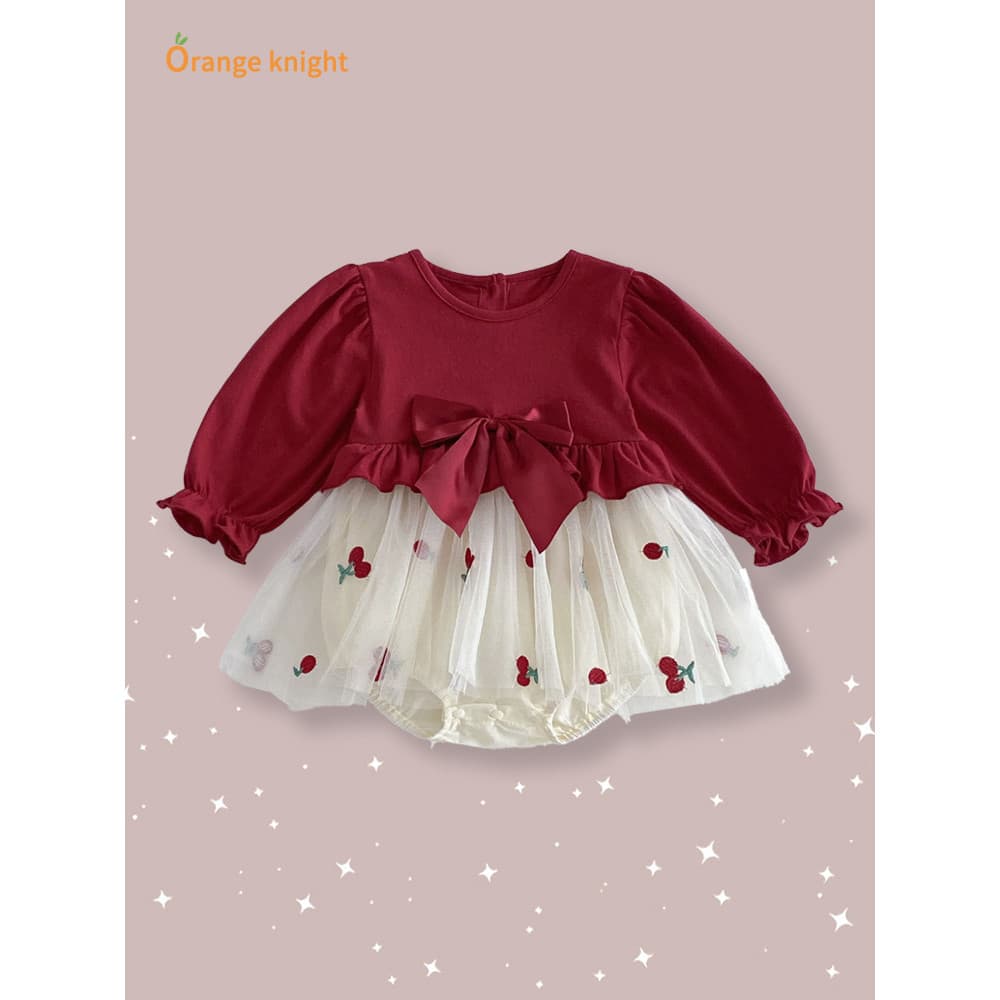 Vestido de laço cereja para bebê recém-nascido de 0 a 3 anos, um ano, mês inteiro, vestido de princesa doce, vestido Fas