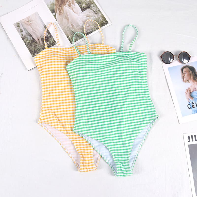 Pequeno com desconto novo estilo xadrez maiô de uma peça feminino simples Retro estilingue estilo capa barriga mais magr