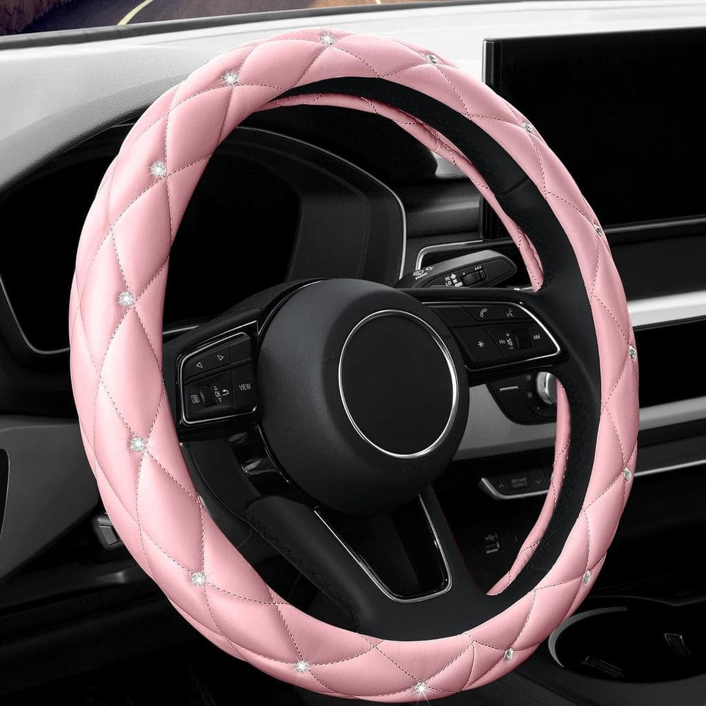 Capa De Volante Antiderrapante De Couro Rosa Claro Macio De Diamante Fofo Com Strass De Cristal Bling , Universal De 15