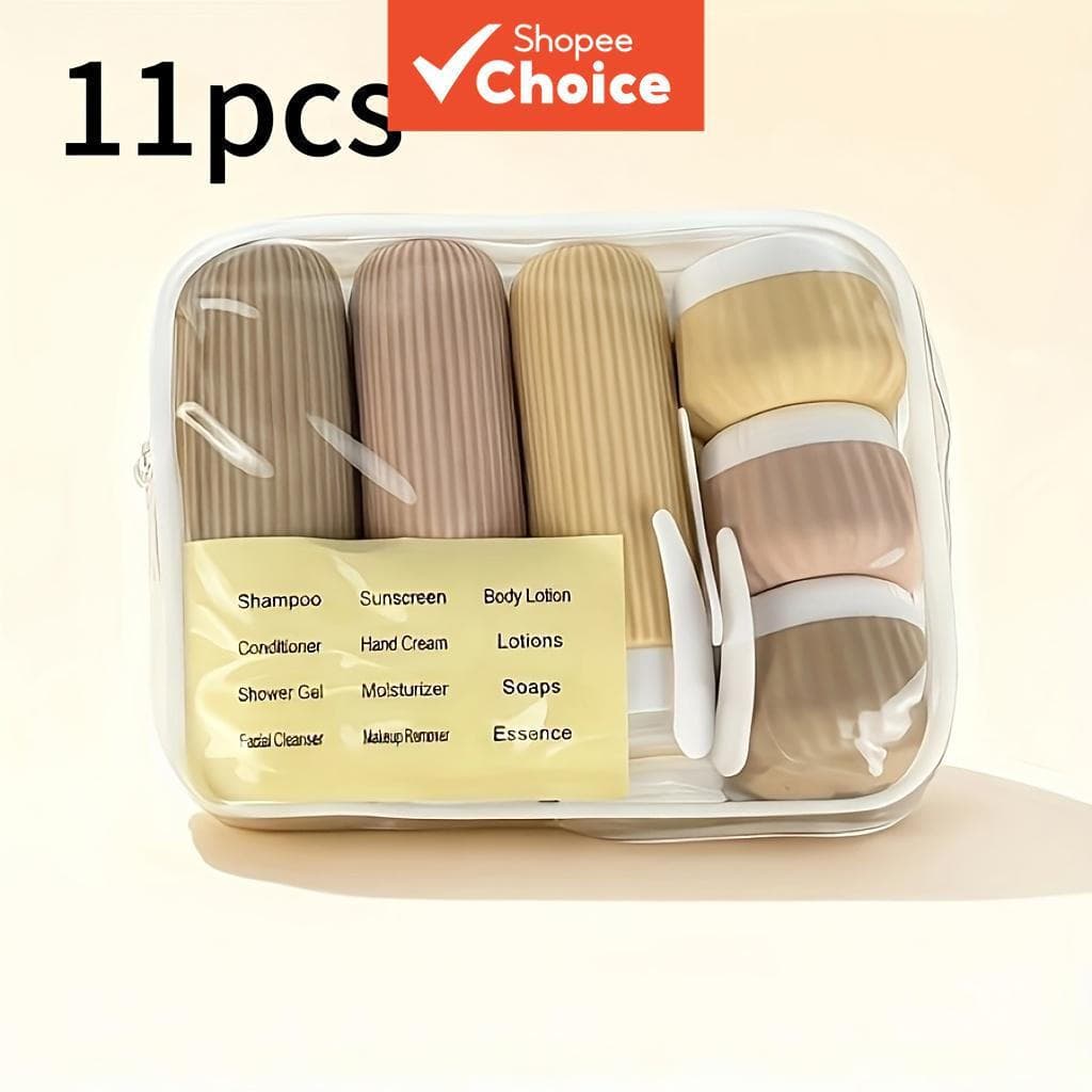Kit de viagem de 11 peças, bolsa profissional de higiene pessoal, inclui 3 frascos de silicone à prova de vazamentos