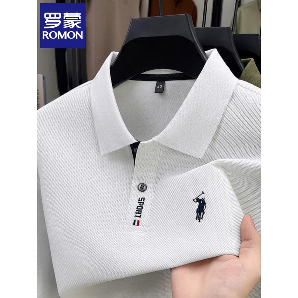 Lomon 100% algodão lapela bordado manga comprida camiseta masculina primavera outono novo estilo cor pura Casual Base de