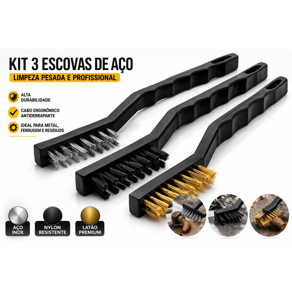 Kit 3 Escova Multi Função Aço Nylon