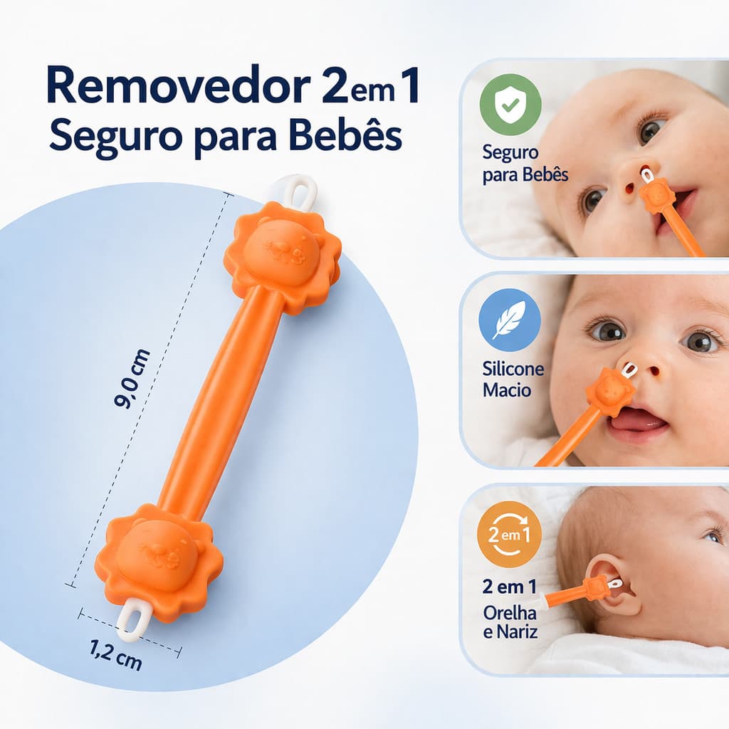 Removedor Cera Ouvido Bebe 2 em 1 Limpador Nasal Silicone Seguro Infantil Macio Reutilizavel