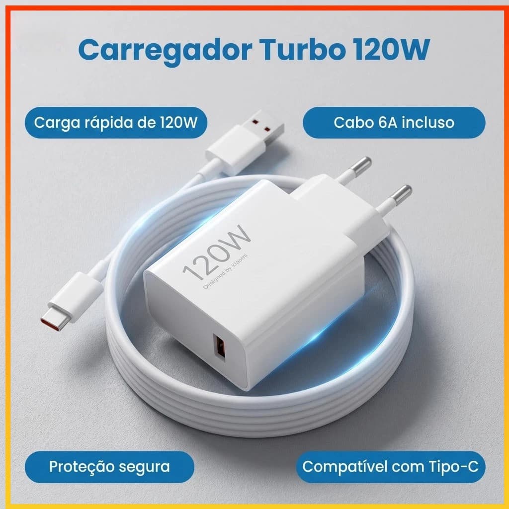 Carregador 120W Super Rápido 6A com Cabo USB-C 1m - Compatível com Xiaomi Mi Turbo Charge e Turbo Power