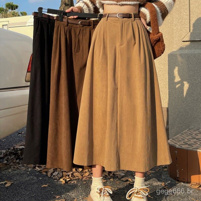 Saia de veludo feminina, outono inverno 2026, novo estilo, cintura alta, modeladora, comprida, retrô, cintura larga, ba