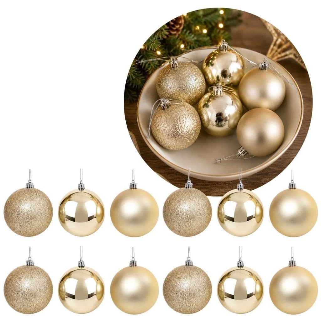 Kit 12 Bolas de Natal Champanhe 8cm Prime Texturas Mistas Glitter, Brilho e Fosca - Mundial Casa