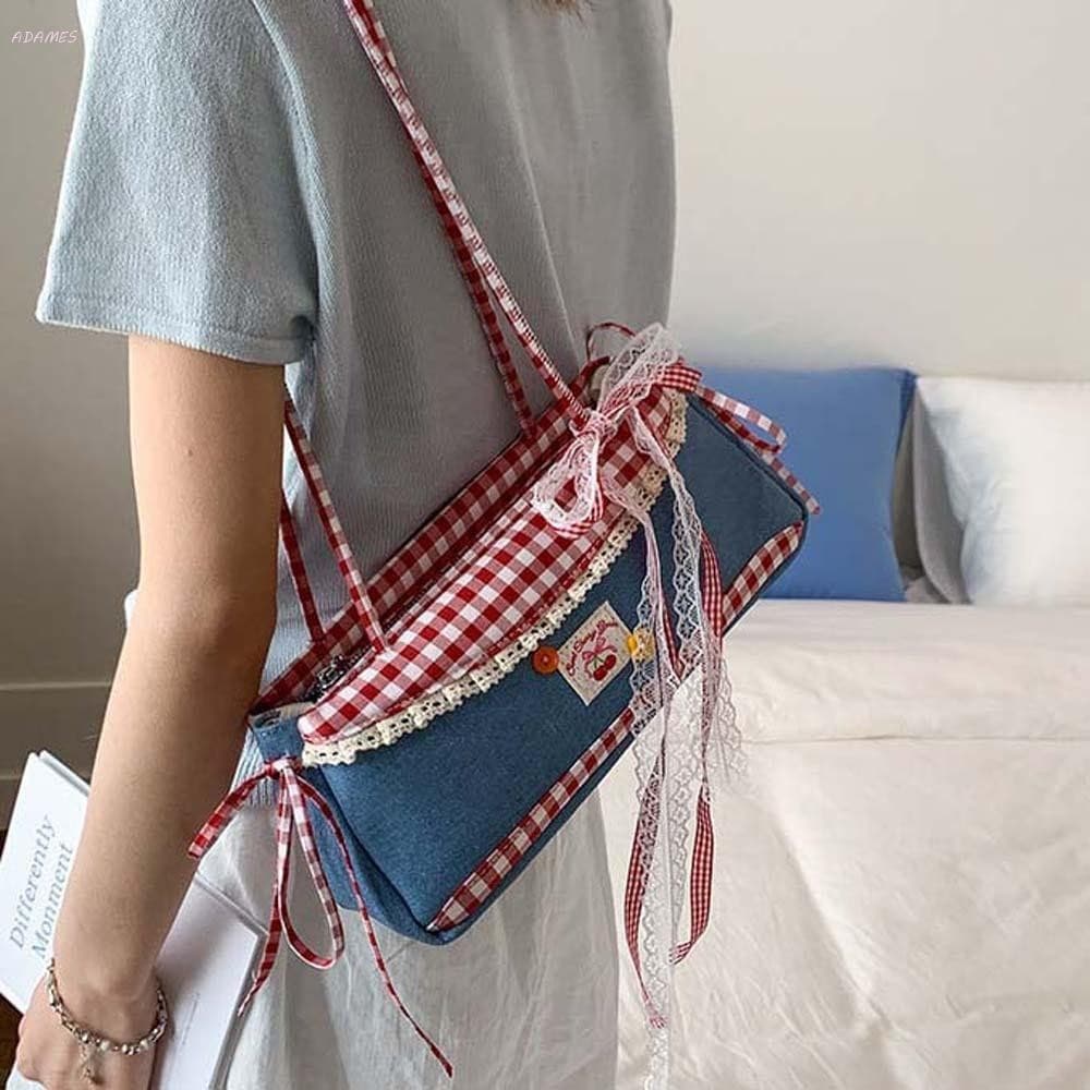 Bolsa Francesa ADAMES , De Ombro Xadrez Com Laço Doce , Bolsas Nas Axilas De Pano De Grande Capacidade Em Cor Contrastan