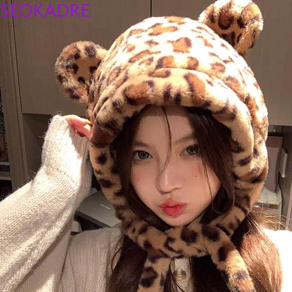 SEOKADRE Chapéu De Urso De Pelúcia , Lã De Desenho Animado Com Estampa De Leopardo , Estilo Coreano