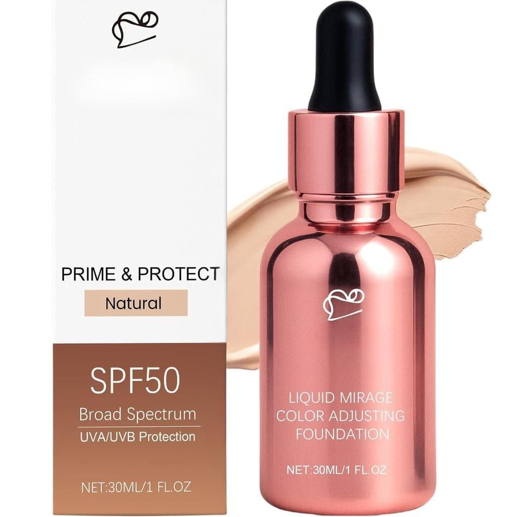 Base Líquida Ajustadora de Cor com FPS 50 de Amplo Espectro, Base para o Rosto com Efeito Primer e Protetor, Acabamento
