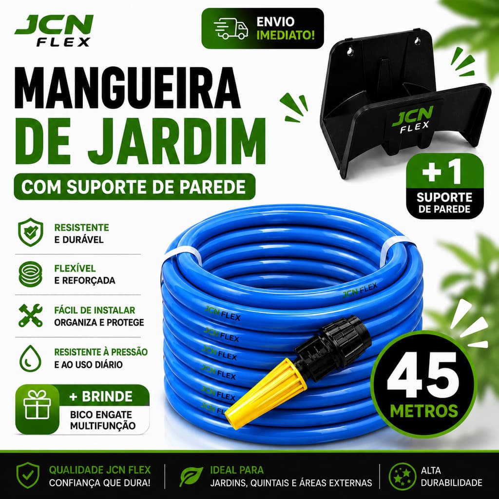 Mangueira Jardim 45m Flexível Reforçada com Enrolador e Bicos JCN FLEX