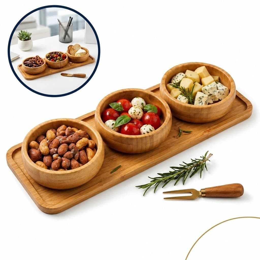 Petisqueira Redonda de Bambu com 3 Divisórias | Tábua para Frios, Queijos, Aperitivos, Molhos e Castanhas