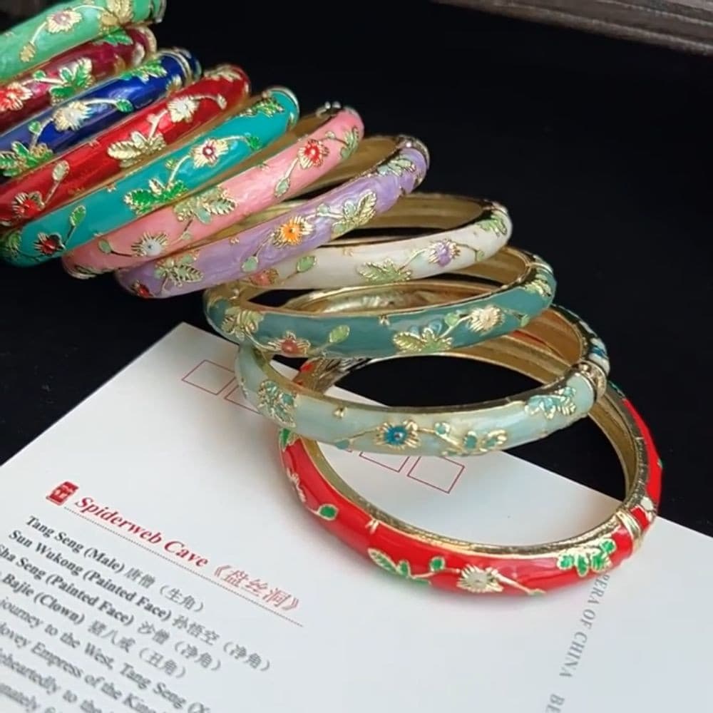 Pulseira Cloisonne Chinesa   , Dupla Esmaltada Com Flor De Filigrana De Peônia , Clássica